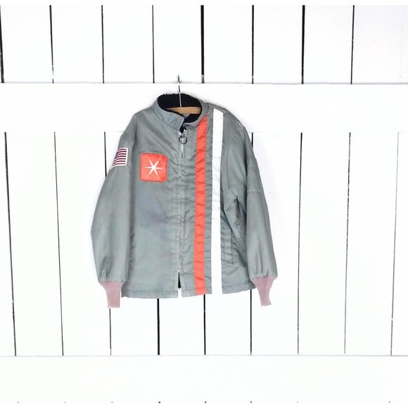 Kids grey striped nylon USA flag patch fur lined windbreaker jacket
